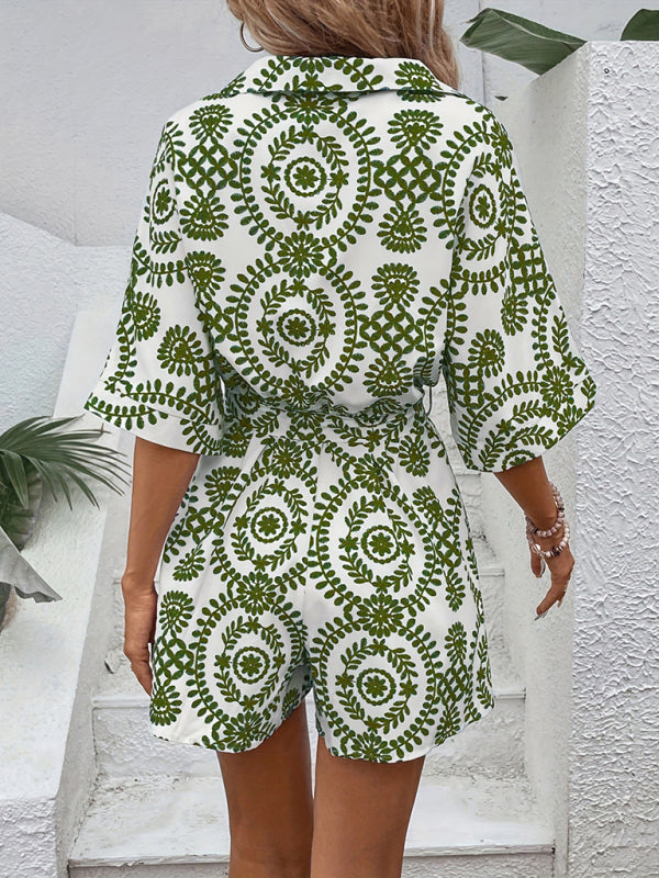 Women's Printed Batwing Sleeve Casual Shirt Jumpsuit