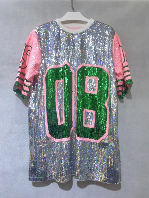 Women's Sequin Loose T-shirt Round Neck Half Sleeve Top