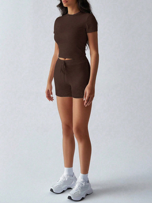 Brown sports style short-sleeved lace-up shorts two-piece set