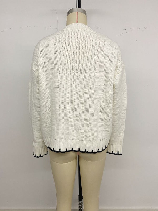 Fashionable retro round neck long sleeve striped contrast sweater