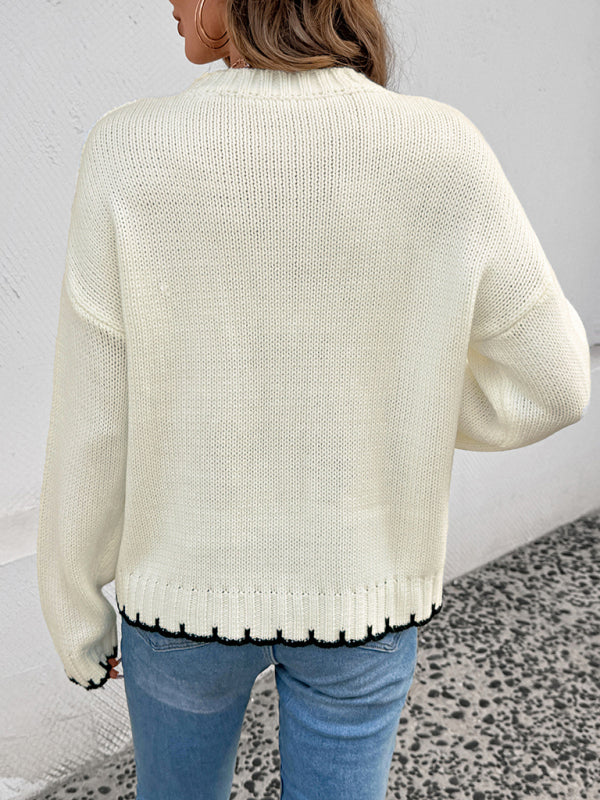 Fashionable retro round neck long sleeve striped contrast sweater