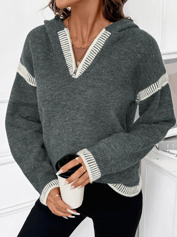 Casual loose V-neck hooded sweater dark gray contrasting trim sweater