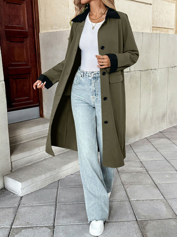 New contrast color loose version windbreaker temperament commuting all-match long coat