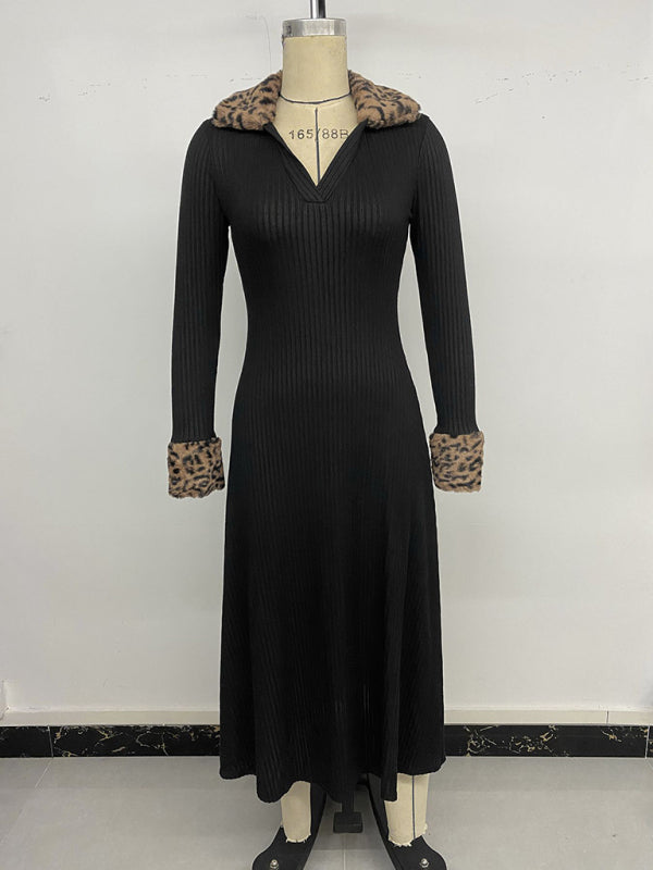 V-neck leopard print colorblock dress