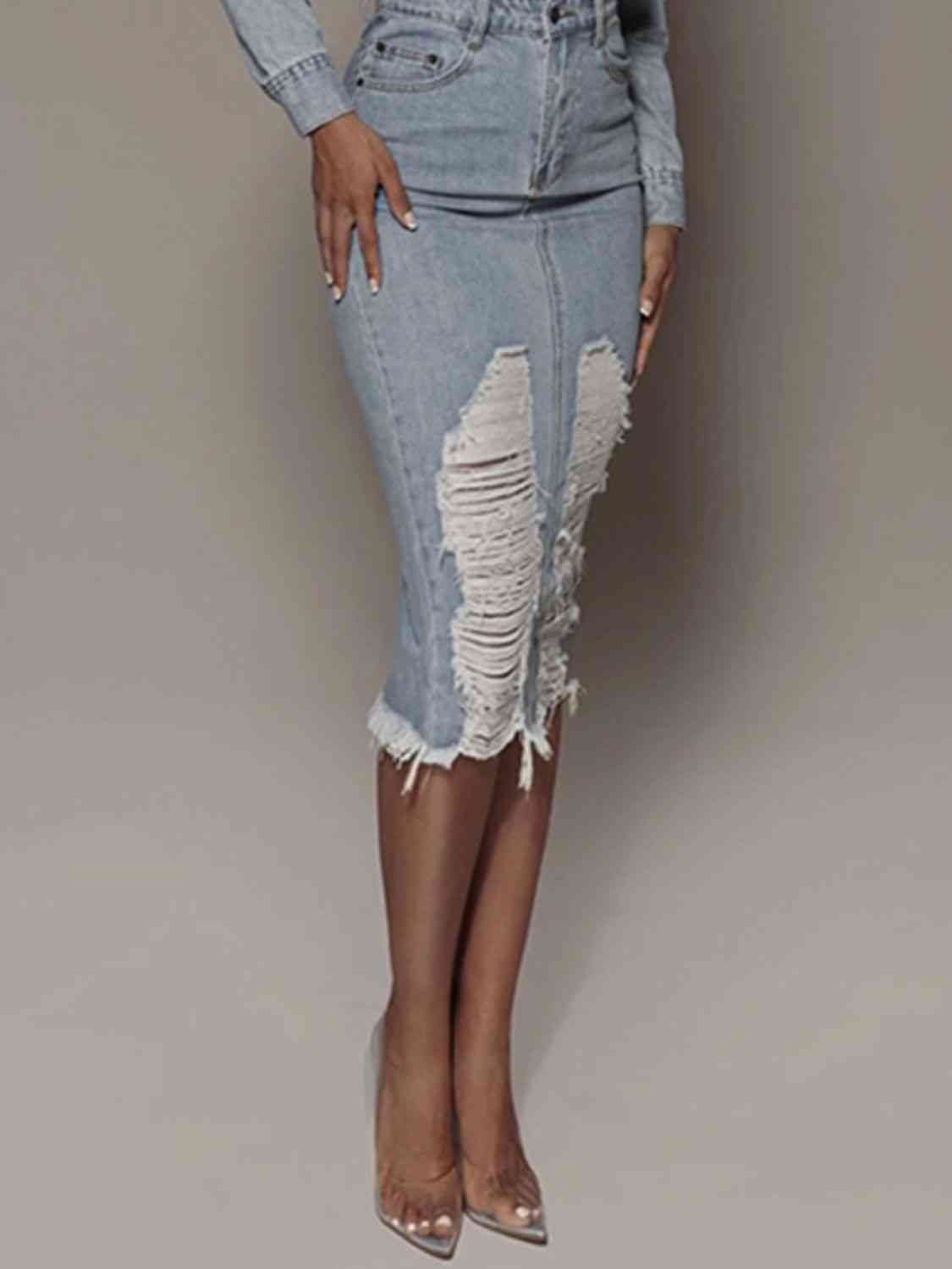 Distressed Slit Denim Skirt-Jeans
