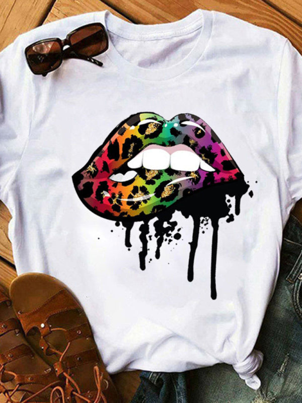 sexy leopard print lips t-shirt round neck short-sleeved T-shirt women's top