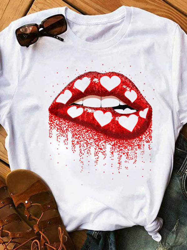 sexy leopard print lips t-shirt round neck short-sleeved T-shirt women's top