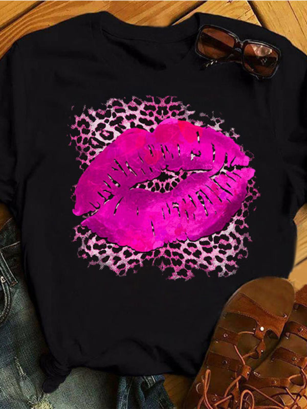 sexy leopard print lips t-shirt round neck short-sleeved T-shirt women's top
