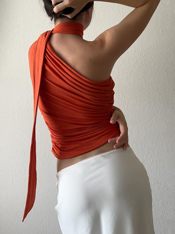 Casual all-match slim-fit one-shoulder streamer design solid color sleeveless vest top