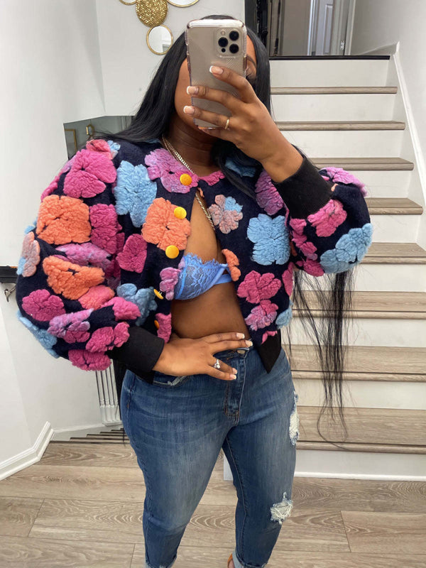 Women's Button Three-dimensional Flower Short Jacket