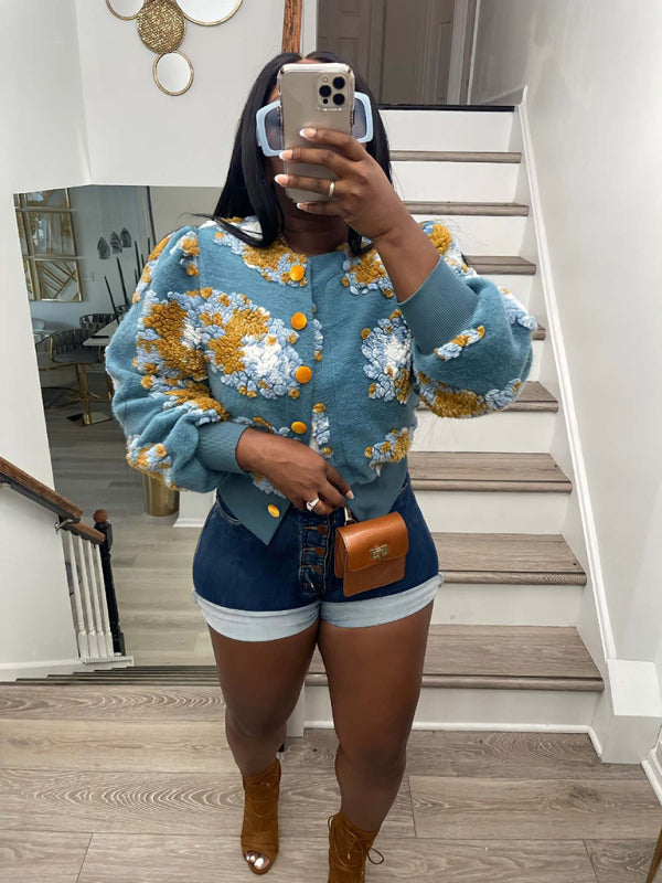Women's Button Three-dimensional Flower Short Jacket