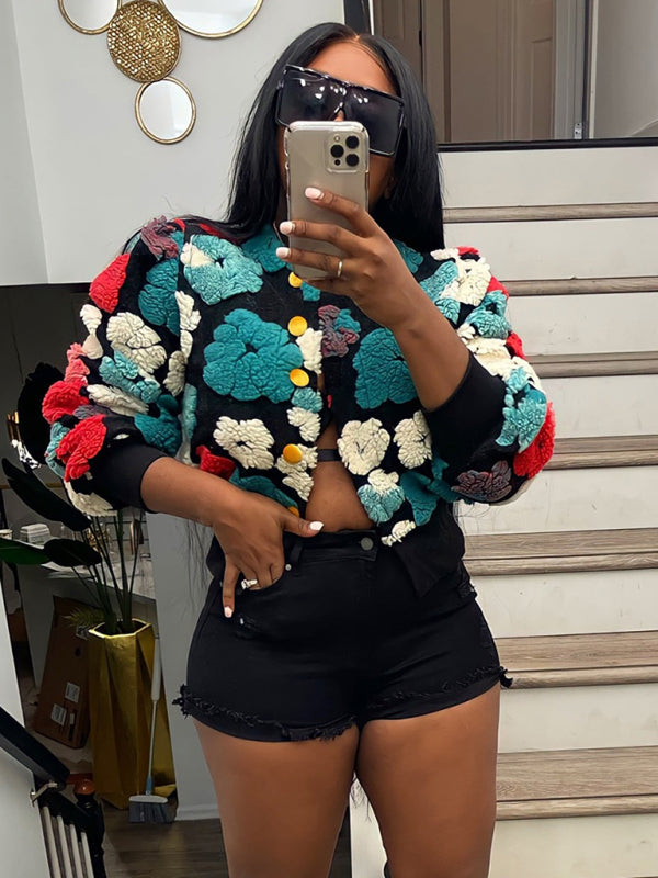 Women's Button Three-dimensional Flower Short Jacket