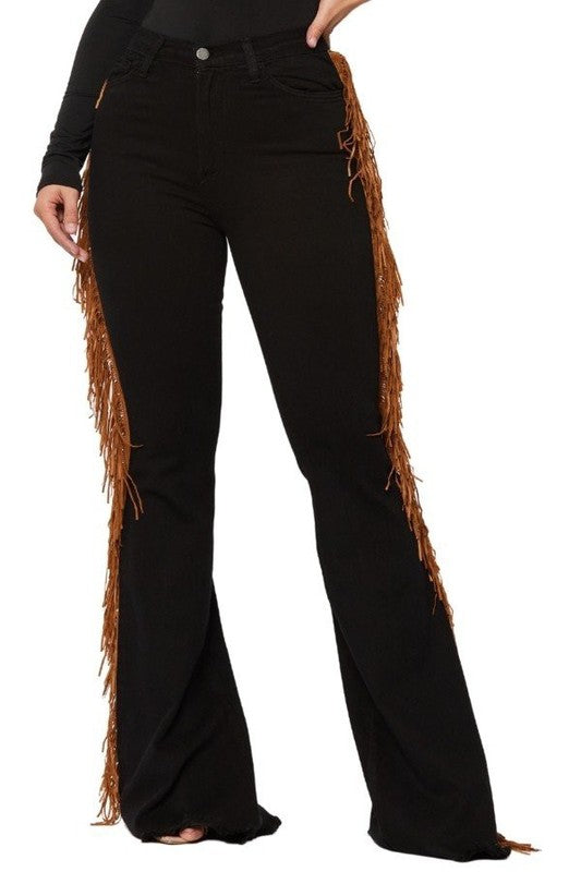 Black Bell Bottom Jean with side fringe detail-Jeans