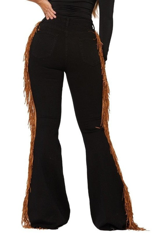 Black Bell Bottom Jean with side fringe detail-Jeans