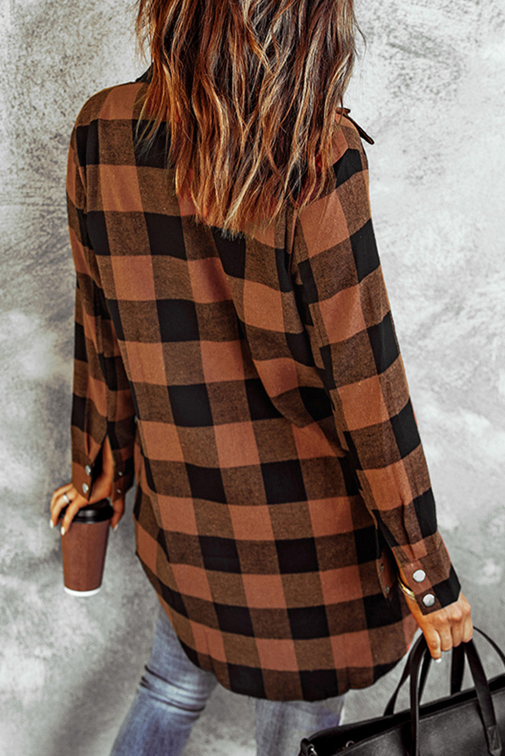 Brown Turn-down Collar Plaid Shirt Coat