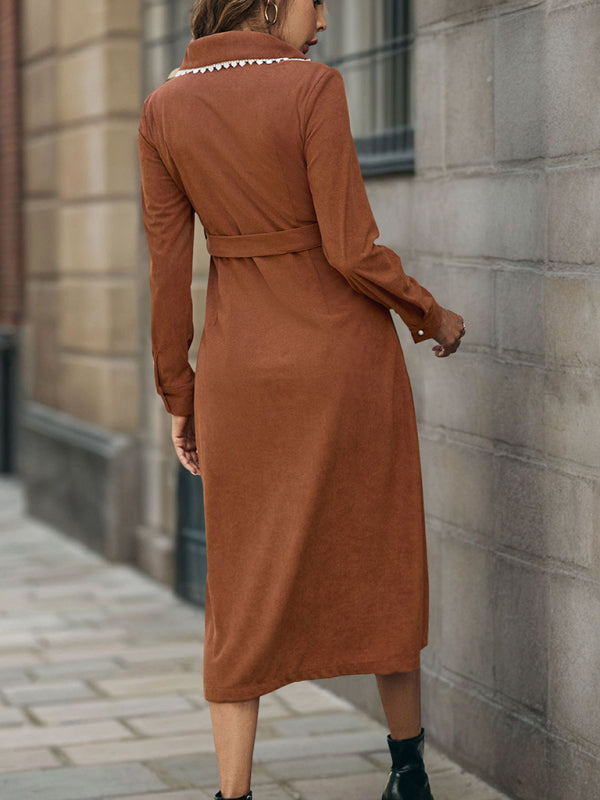Lapel stitching lace long-sleeved shirt corduroy dress