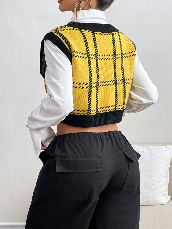 V-neck woolen checked vest