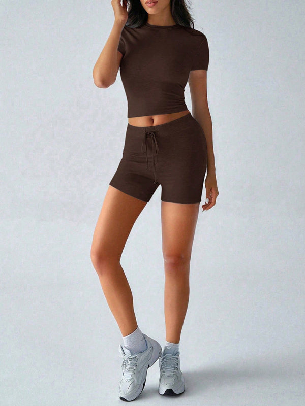 Brown sports style short-sleeved lace-up shorts two-piece set