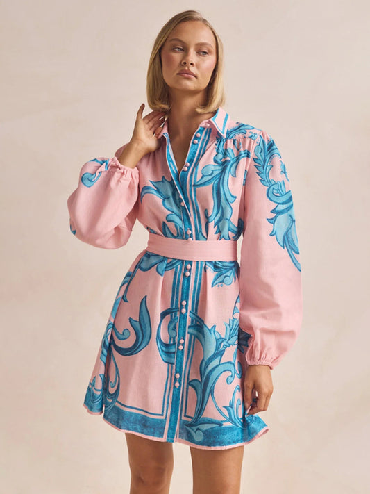 Fashion Printed Belt Loose Retro Short Sleeve Dress