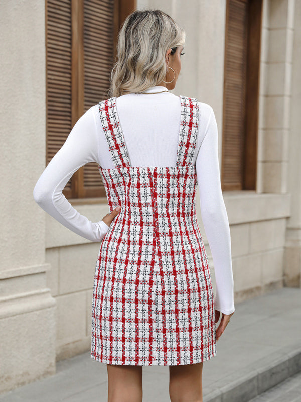 New Plaid Woolen Suspender Short Dress