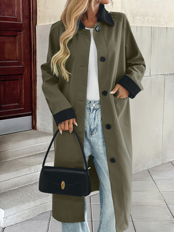 New contrast color loose version windbreaker temperament commuting all-match long coat