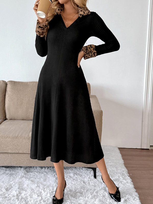 V-neck leopard print colorblock dress