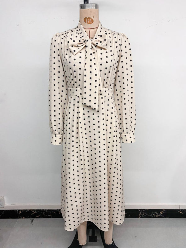 Elegant mid-length skirt with bow tie collar, long sleeves and waist polka dot dress