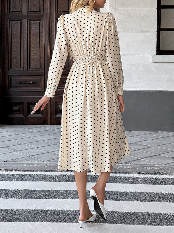 Elegant mid-length skirt with bow tie collar, long sleeves and waist polka dot dress