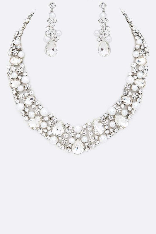 Crystal Pearl Elegant Statement Necklace Set