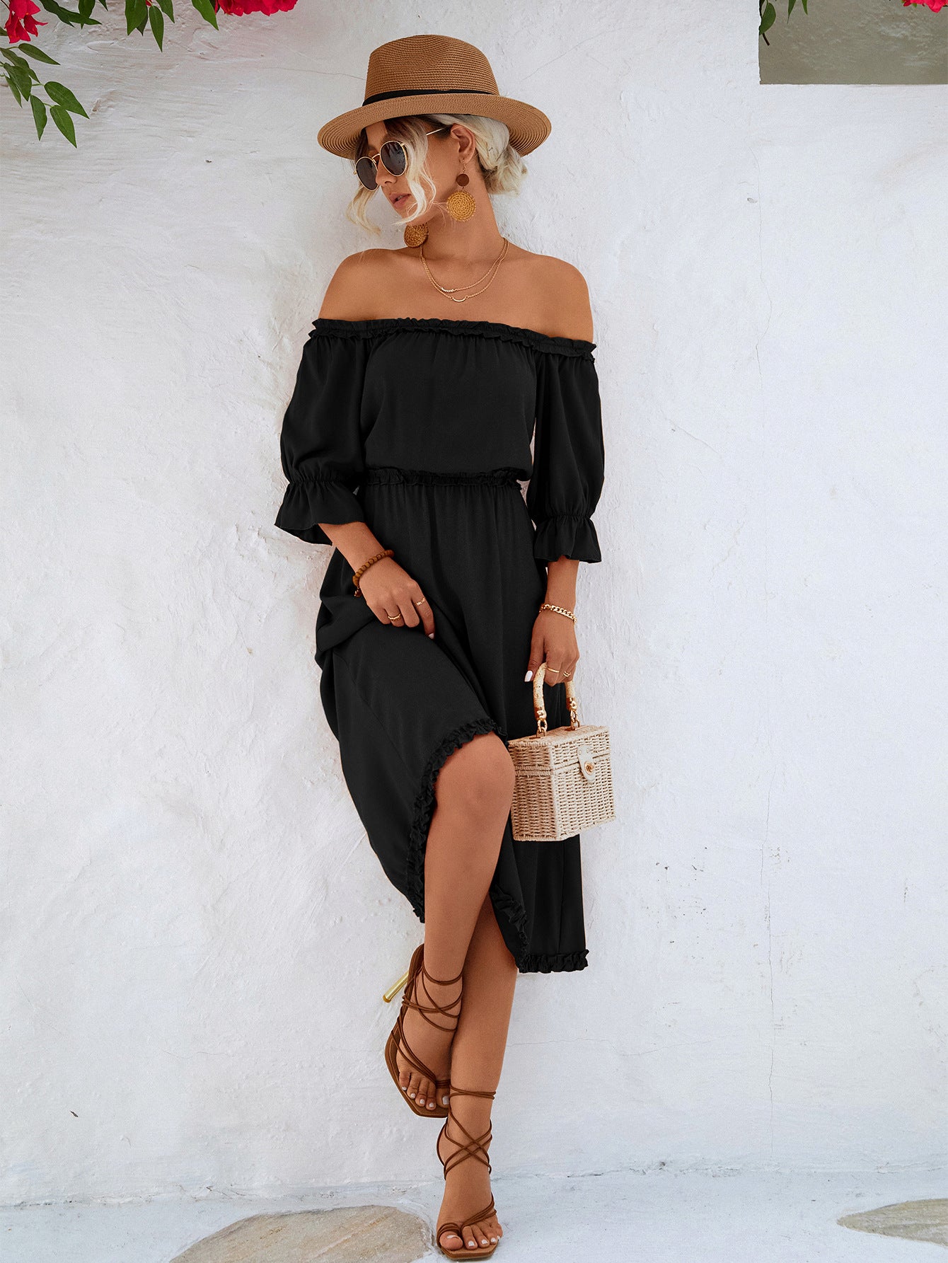 Frilled Off-Shoulder Flounce Sleeve Dress