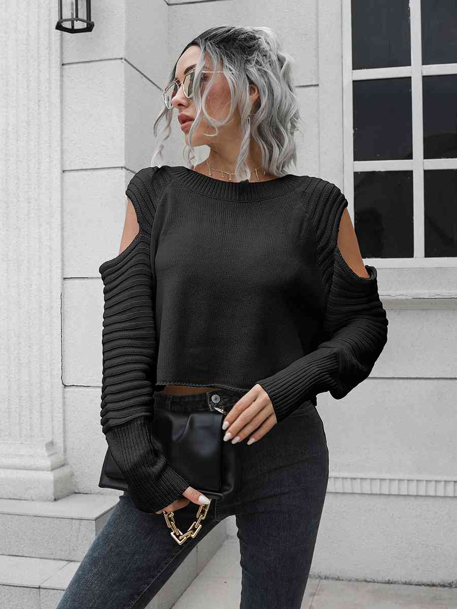 Cold-Shoulder Ribbed Trim Sweater