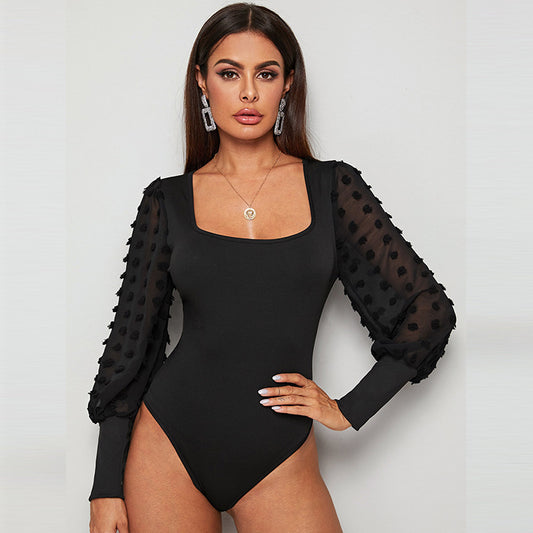 Square neck sexy backless long sleeve bodysuit