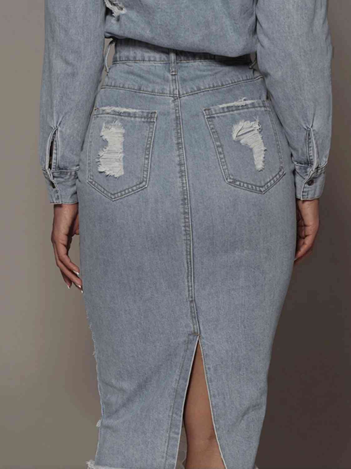 Distressed Slit Denim Skirt-Jeans