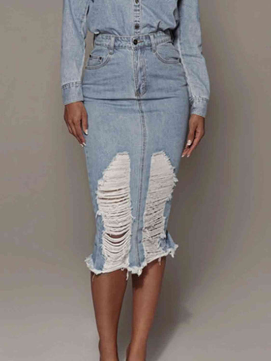 Distressed Slit Denim Skirt-Jeans