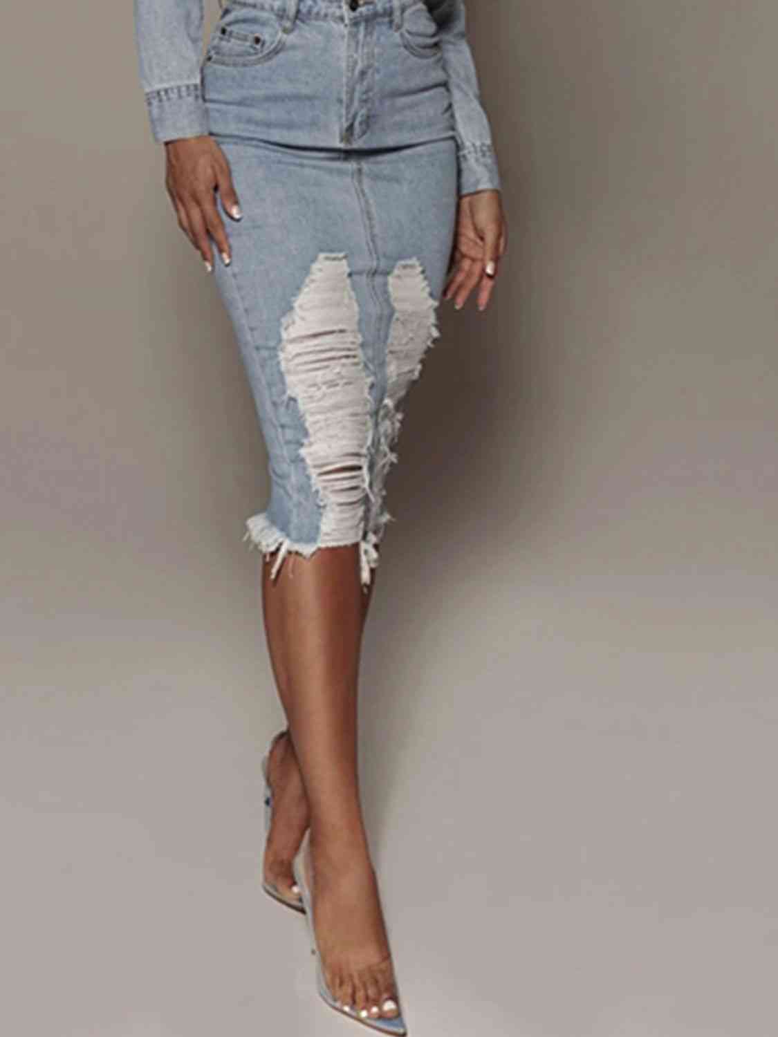 Distressed Slit Denim Skirt-Jeans