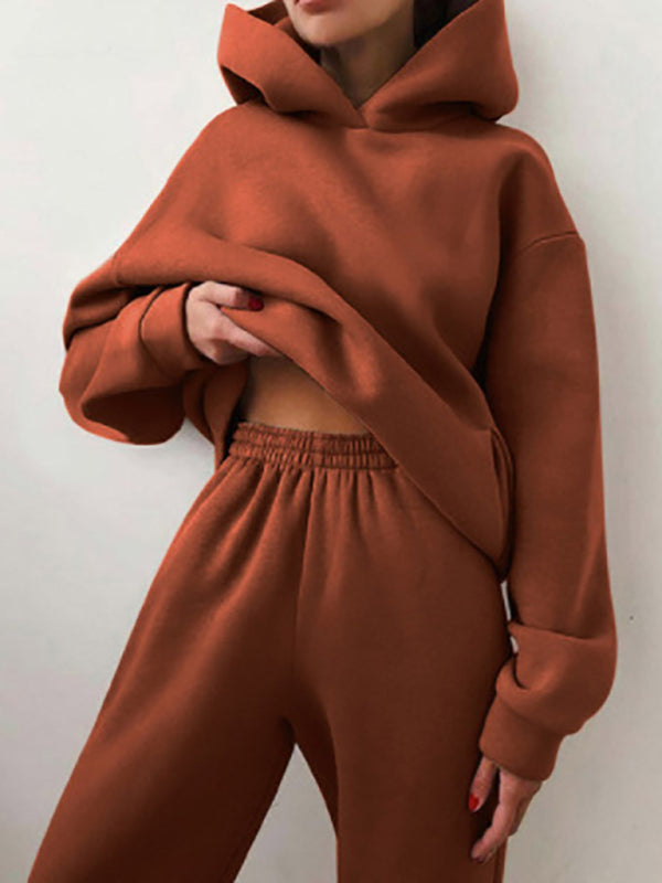 Women's solid color casual fashion trousers thickened long-sleeved hooded  set