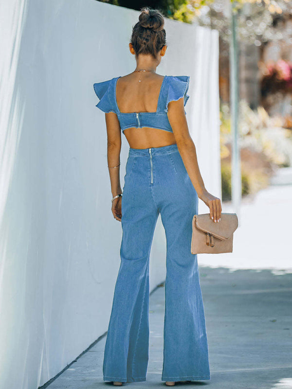 Women's Denim Slim Fit Ruffle Flared Jumpsuit-Jeans