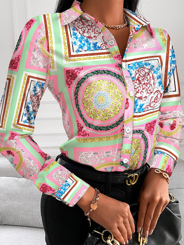 Women's Fashion Printed Long Sleeve Lapel Shirt