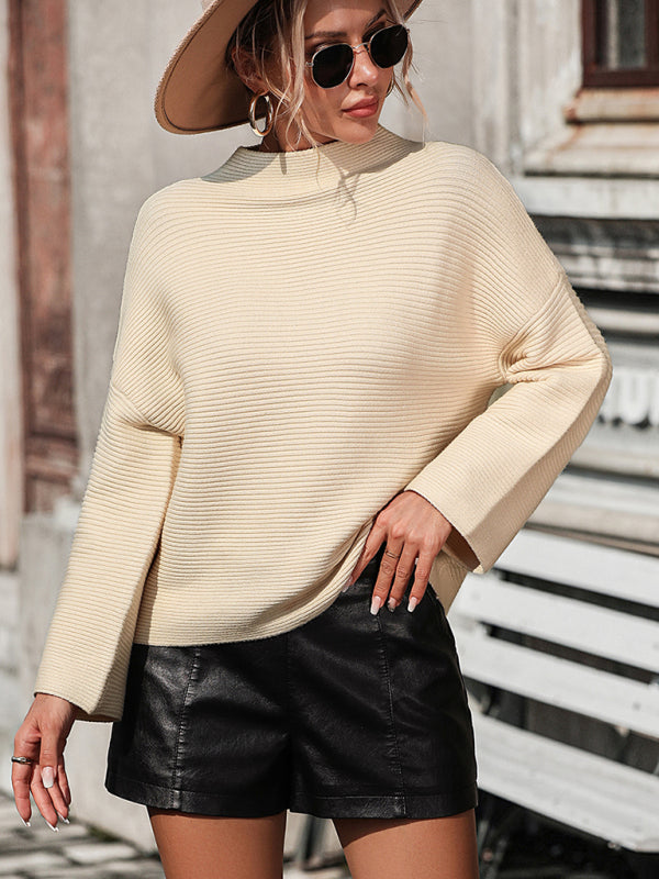 Loose Women's Knitted Cropped Sleeve Solid Color Sweater