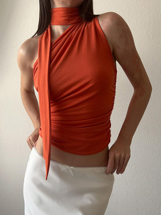 Casual all-match slim-fit one-shoulder streamer design solid color sleeveless vest top