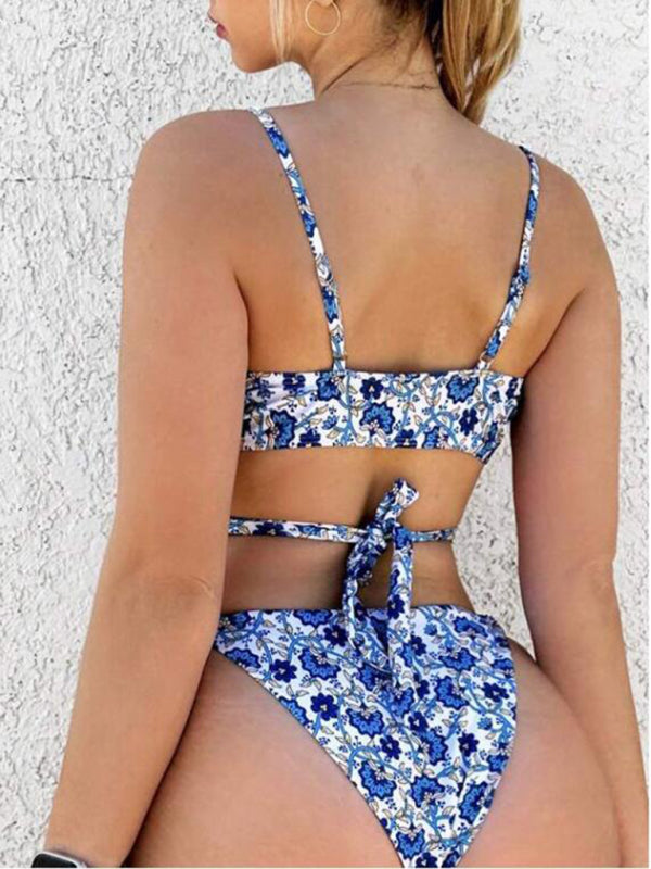 Women's cross-string digital print hook-and-edge split swimsuit